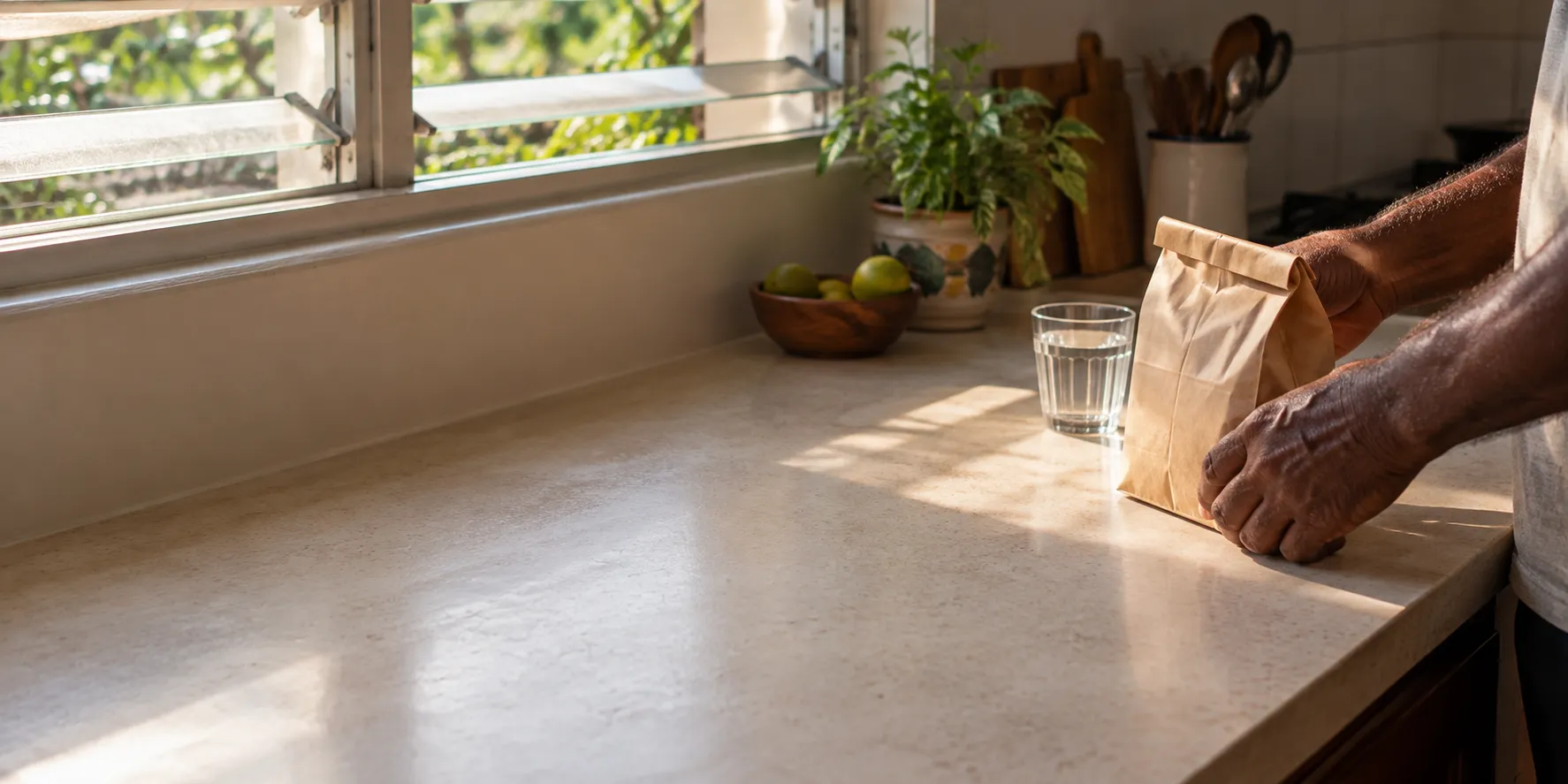 A folded paper pharmacy bag on a sunlit kitchen counter, next to a glass of water